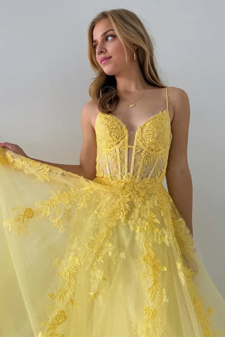 Xuewuba Dress Spaghetti Straps Cute A Line Tulle Appliques Lace-Up Long Prom Dress
