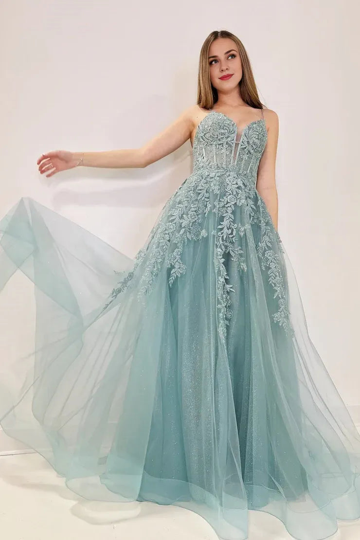 Xuewuba Dress Spaghetti Straps Cute A Line Tulle Appliques Lace-Up Long Prom Dress