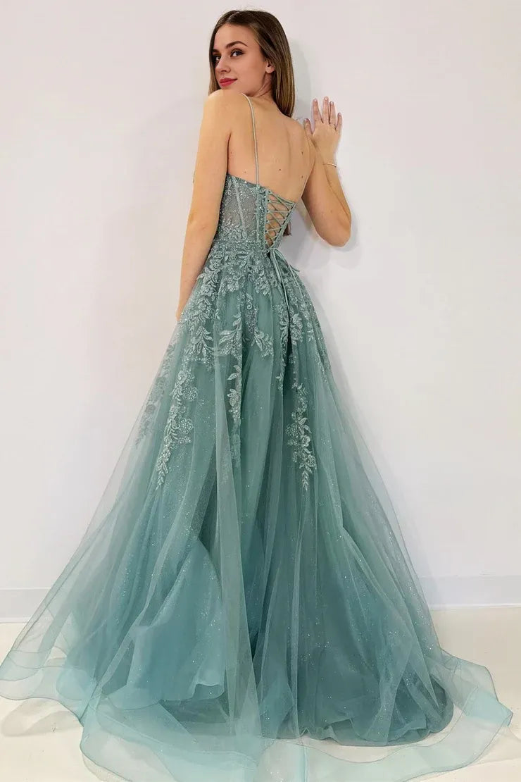 Xuewuba Dress Spaghetti Straps Cute A Line Tulle Appliques Lace-Up Long Prom Dress