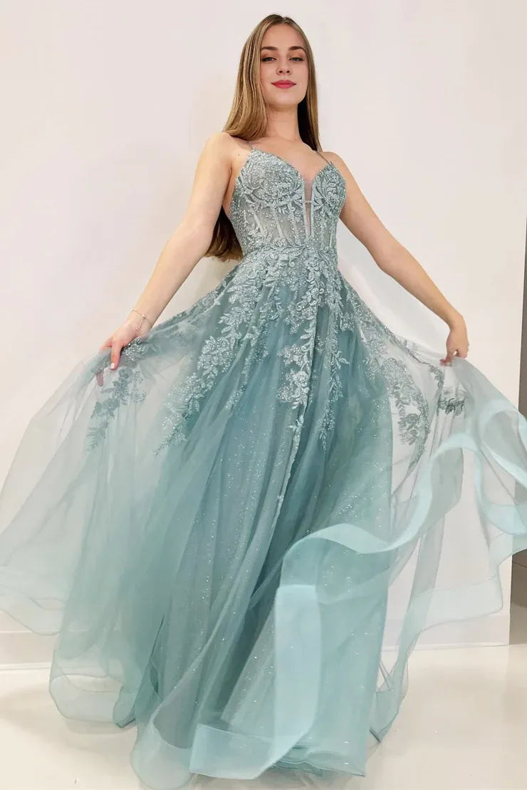 Xuewuba Dress Spaghetti Straps Cute A Line Tulle Appliques Lace-Up Long Prom Dress