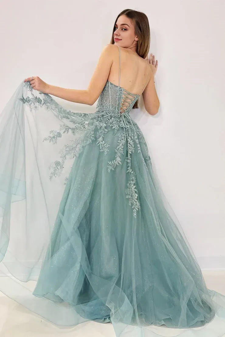Xuewuba Dress Spaghetti Straps Cute A Line Tulle Appliques Lace-Up Long Prom Dress