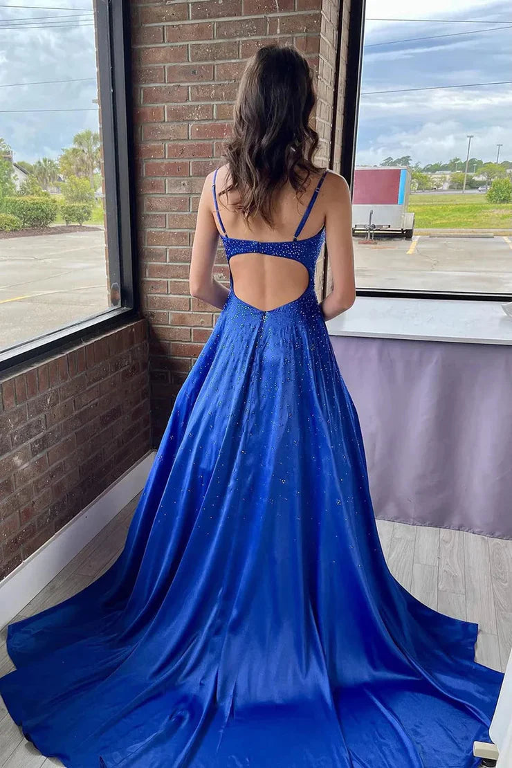 Xuewuba Dress Spaghetti Straps Cute A Line V Neck Royal Blue Satin Long Prom Dresses with Beading