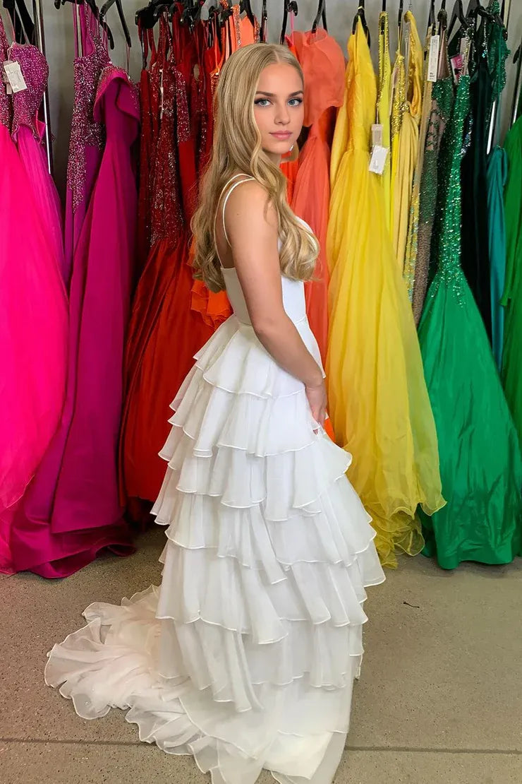 Xuewuba Dress Spaghetti Straps Cute A Line V Neck White Chiffon Tiered Long Prom Dresses