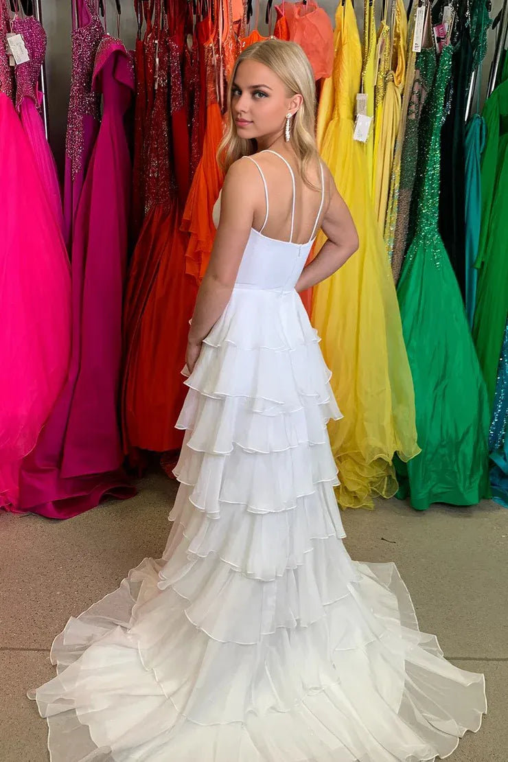 Xuewuba Dress Spaghetti Straps Cute A Line V Neck White Chiffon Tiered Long Prom Dresses