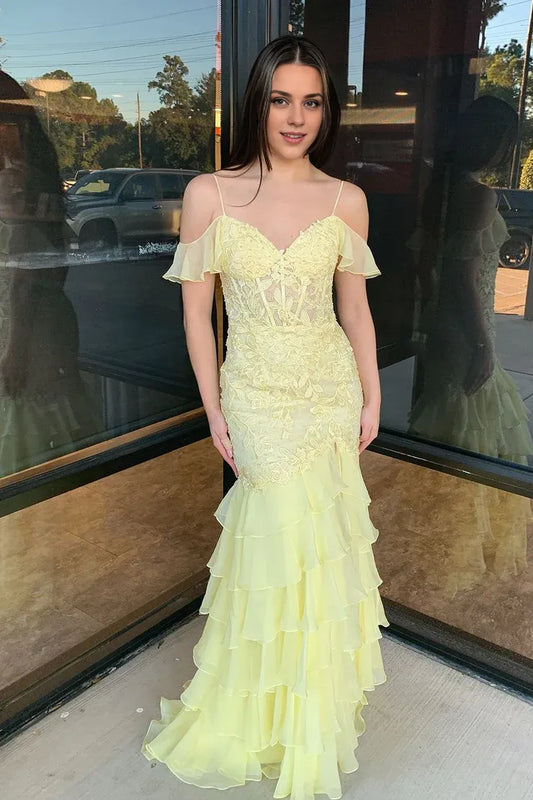 Xuewuba Dress Spaghetti Straps Cute Mermaid Off the Shoulder Chiffon Long Prom Dresses with Appliques