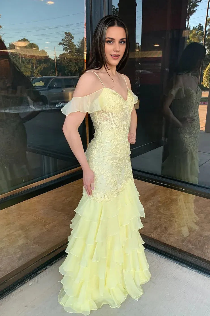 Xuewuba Dress Spaghetti Straps Cute Mermaid Off the Shoulder Chiffon Long Prom Dresses with Appliques