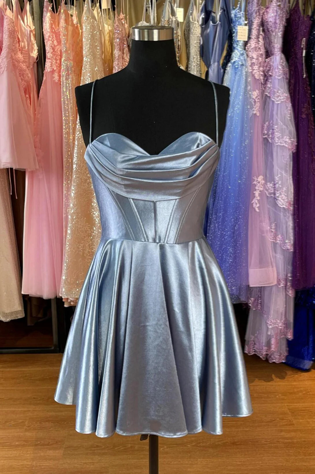 Xuewuba Dress Spaghetti Straps Grey Cowl Neck Short A-line Princess Dress Homecoming Dress
