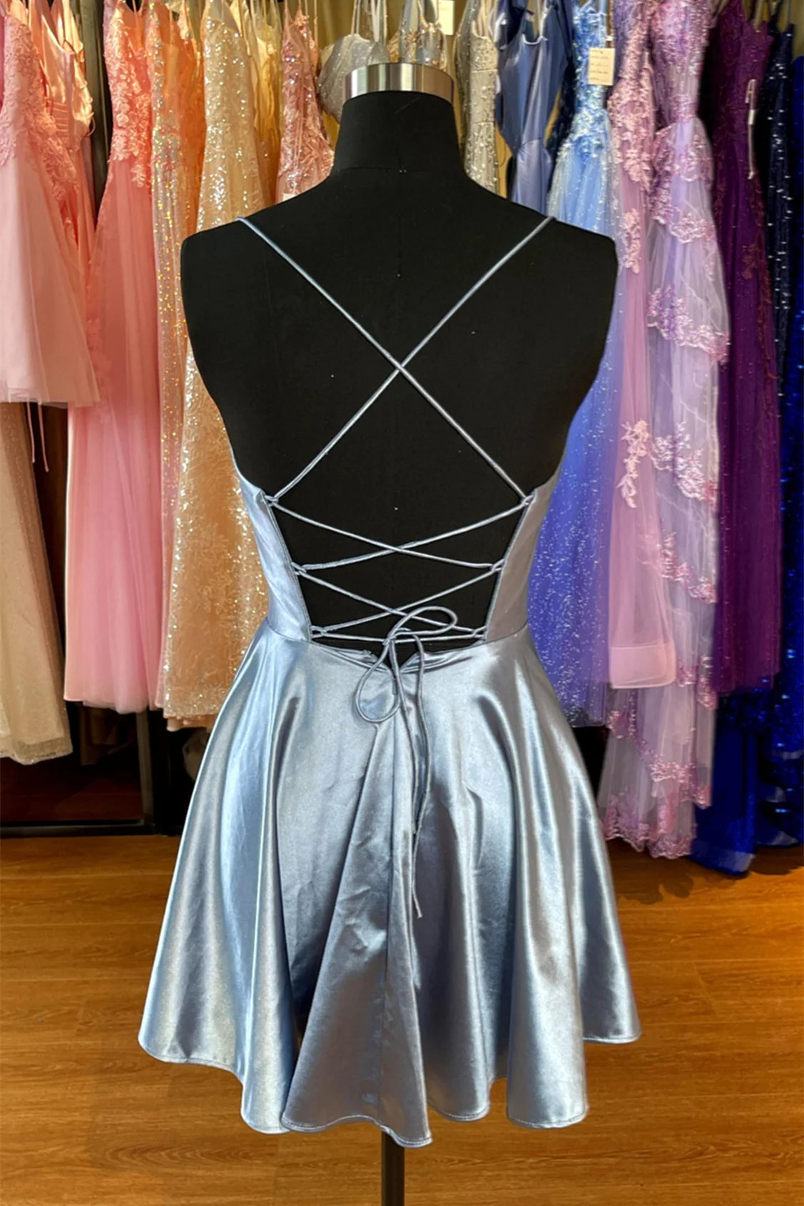 Xuewuba Dress Spaghetti Straps Grey Cowl Neck Short A-line Princess Dress Homecoming Dress