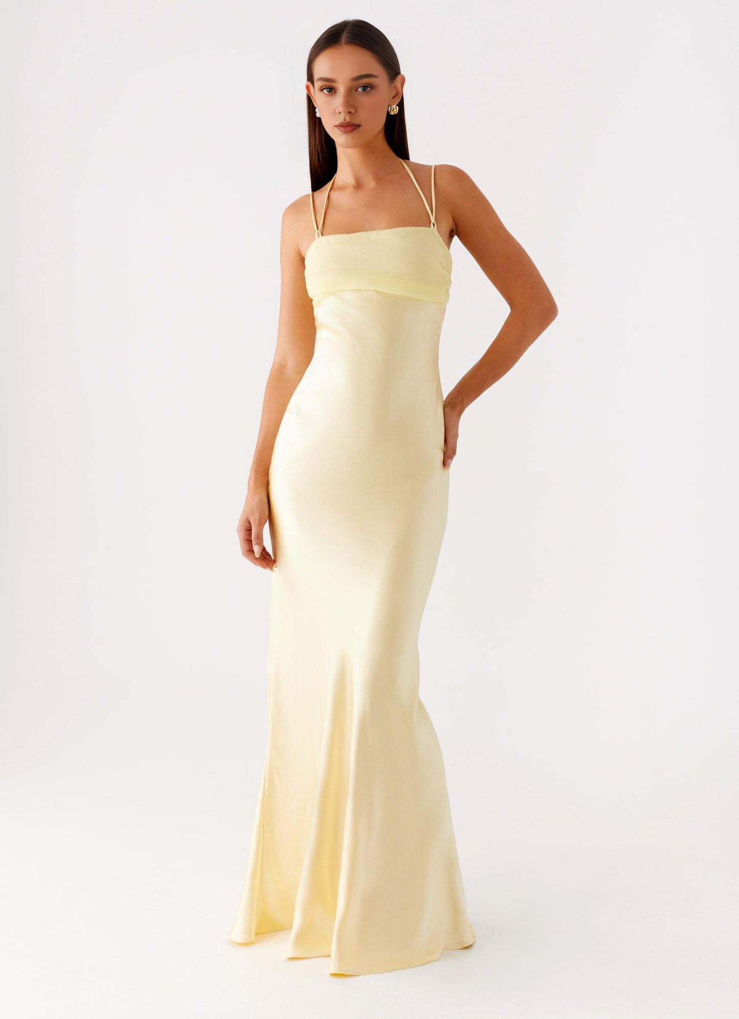 Xuewuba Dress Spaghetti Straps Maxi Dress Sleeveless Yellow Simple Sheath Satin Prom Dress