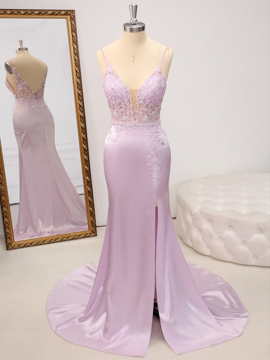 Xuewuba Dress Spaghetti Straps Sheath V-neck Appliques Lace Sweep Train Satin Dress Prom Dress