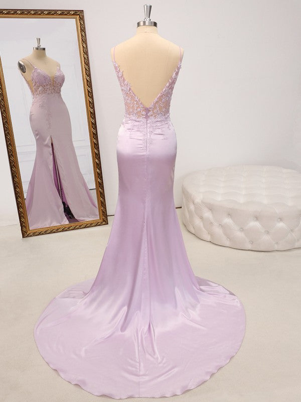Xuewuba Dress Spaghetti Straps Sheath V-neck Appliques Lace Sweep Train Satin Dress Prom Dress
