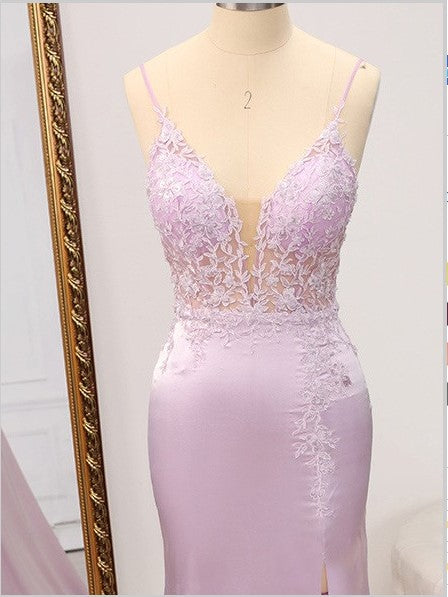 Xuewuba Dress Spaghetti Straps Sheath V-neck Appliques Lace Sweep Train Satin Dress Prom Dress