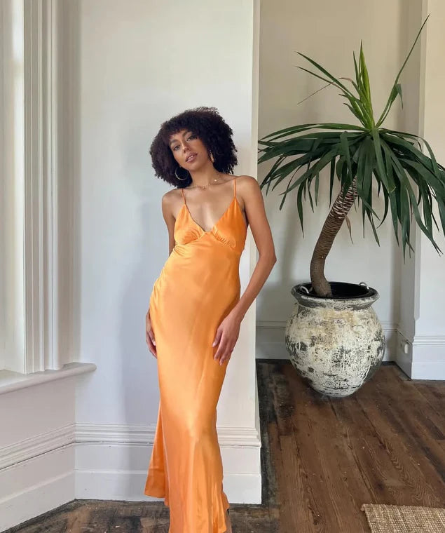 Xuewuba Dress Spaghetti Straps V Neck Simple Satin Long Prom Dress Party Dress