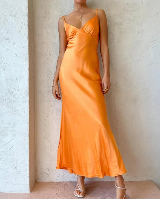 Xuewuba Dress Spaghetti Straps V Neck Simple Satin Long Prom Dress Party Dress