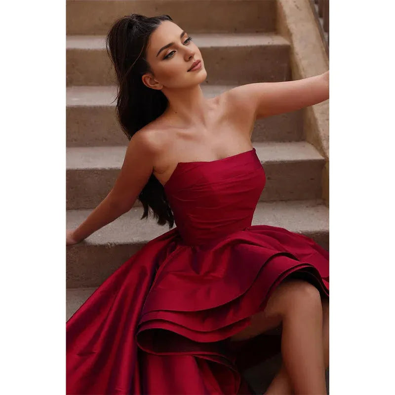 Xuewuba Dress Strapless High Low Burgundy Sleeveless Short Prom Dress Party Dress