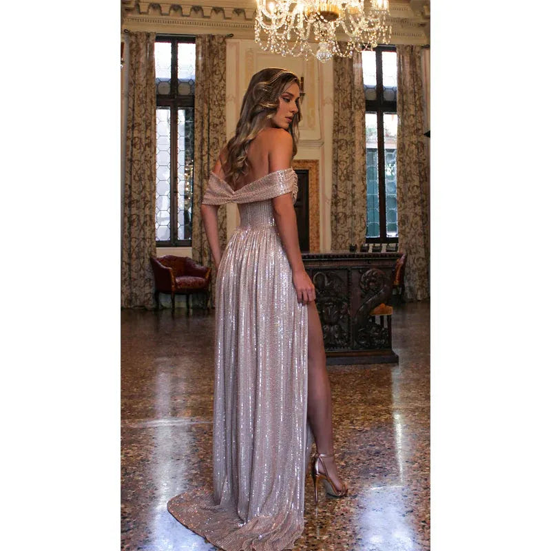 Xuewuba Dress Strapless High Split Pleats Sparkly Prom Dress Long Formal Evening Gown Party Dress