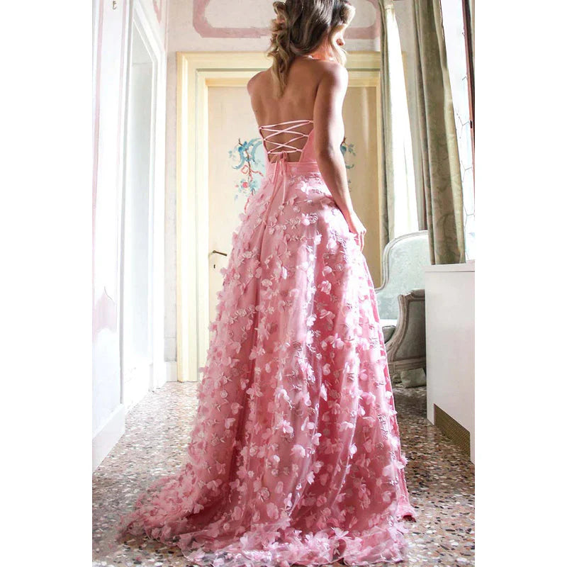 Xuewuba Dress Strapless Lace-Up Appliqued Tulle A-Line Long Prom Gown With Slit Pink Party Dress