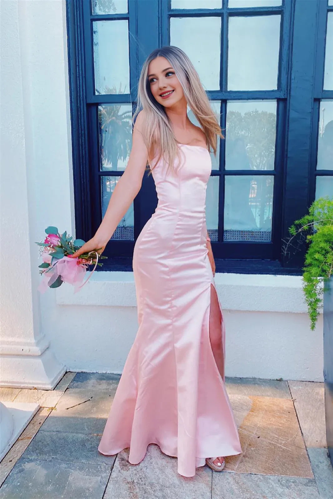 Xuewuba Dress Strapless Pink Fitted Long Dress with Slit Prom Dress