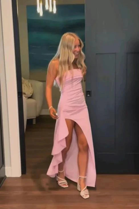 Xuewuba Dress Strapless Yellow Ruched Long Dress with Slit Prom Dress