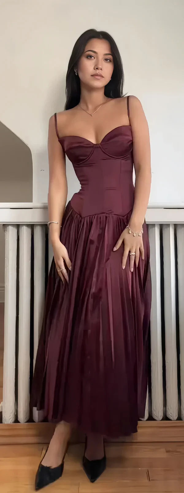 Xuewuba Dress Stunning A Line Spaghetti Strap Pleated Dark Burgundy Satin Long Party Dress Prom Dress