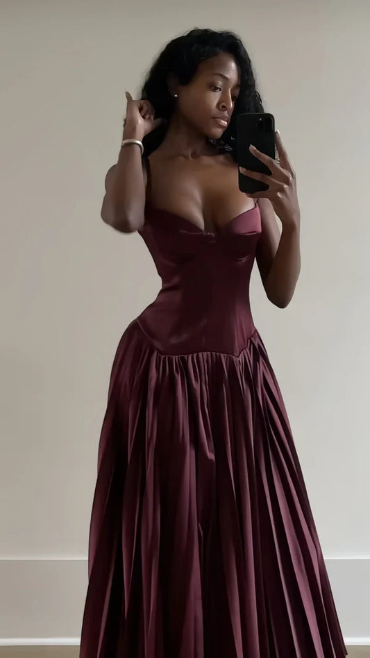 Xuewuba Dress Stunning A Line Spaghetti Strap Pleated Dark Burgundy Satin Long Party Dress Prom Dress