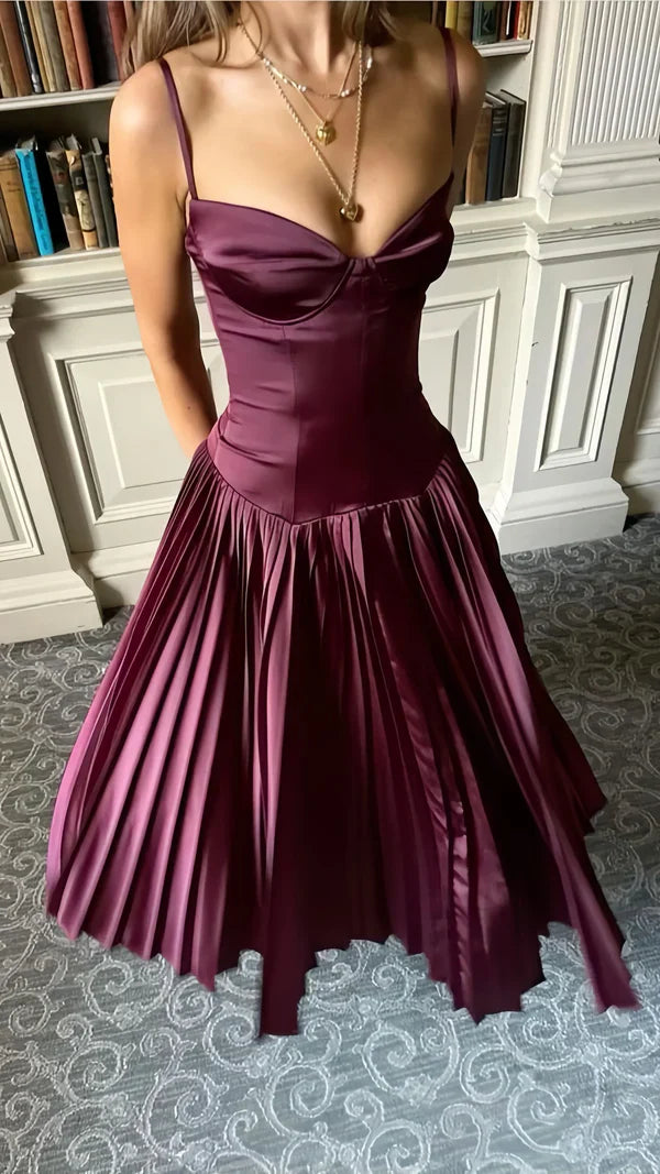Xuewuba Dress Stunning A Line Spaghetti Strap Pleated Dark Burgundy Satin Long Party Dress Prom Dress