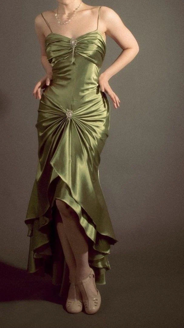 Xuewuba Dress Stunning Mermaid Spaghetti Strap Rhinestone Green Satin Party Dress Evening Dress Sleeveless Prom Dress