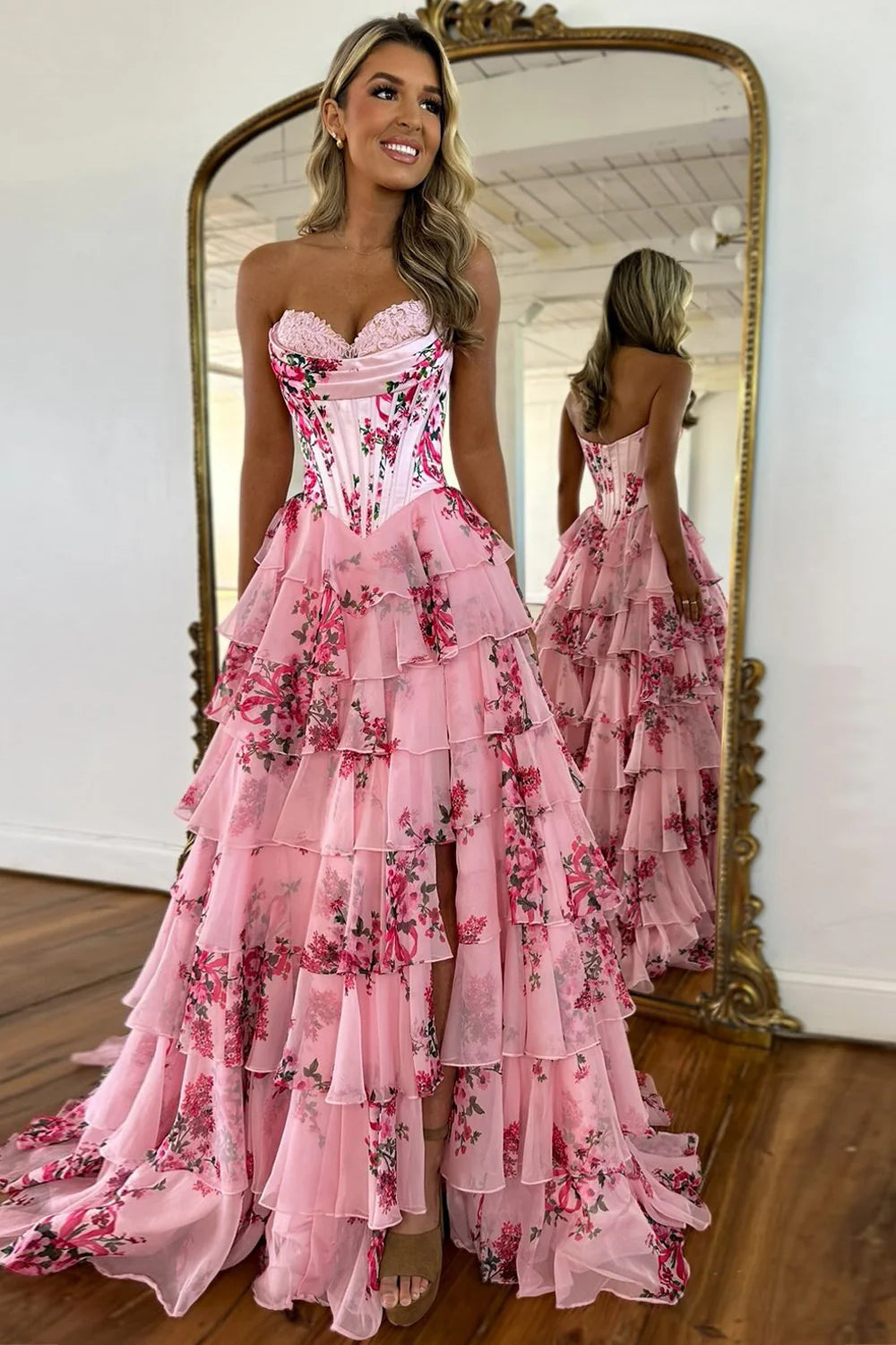 Xuewuba Dress Stunning Pink A-Line Sweetheart Long Print Tiered Prom Dress with Leg Slit Evening Dress