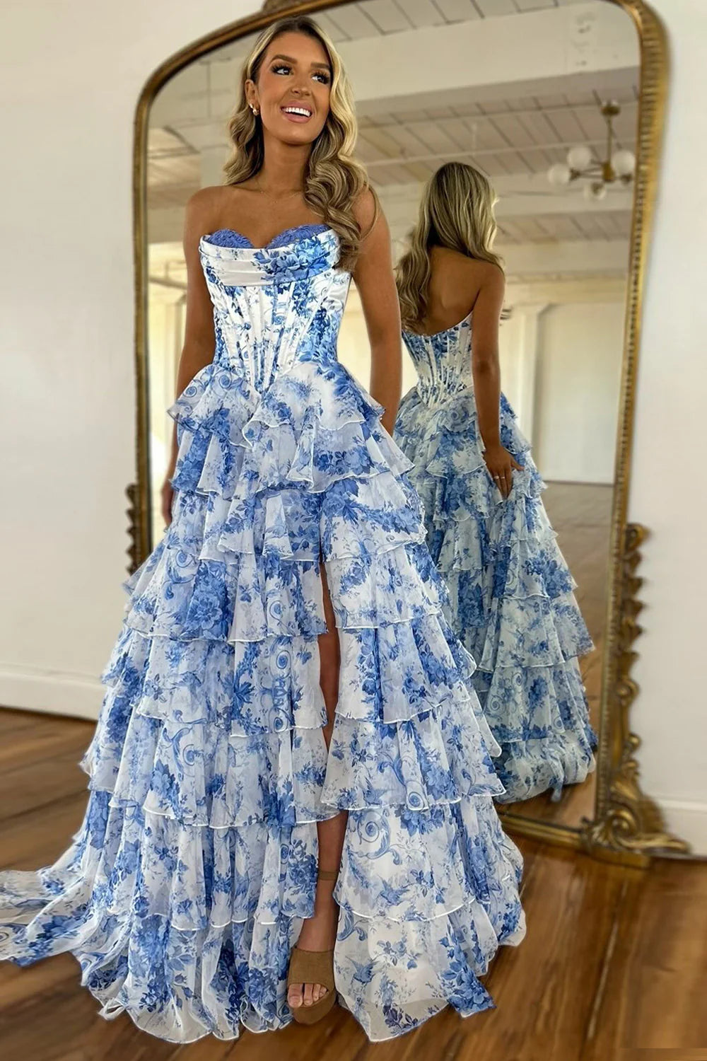 Xuewuba Dress Stunning Pink A-Line Sweetheart Long Print Tiered Prom Dress with Leg Slit Evening Dress