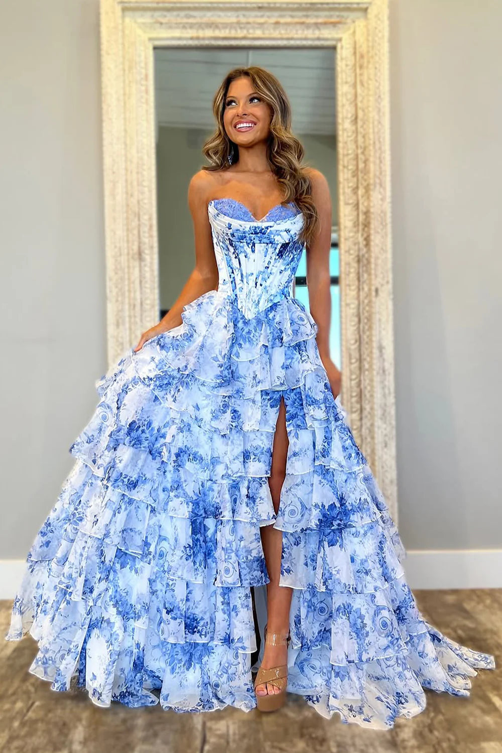 Xuewuba Dress Stunning Pink A-Line Sweetheart Long Print Tiered Prom Dress with Leg Slit Evening Dress