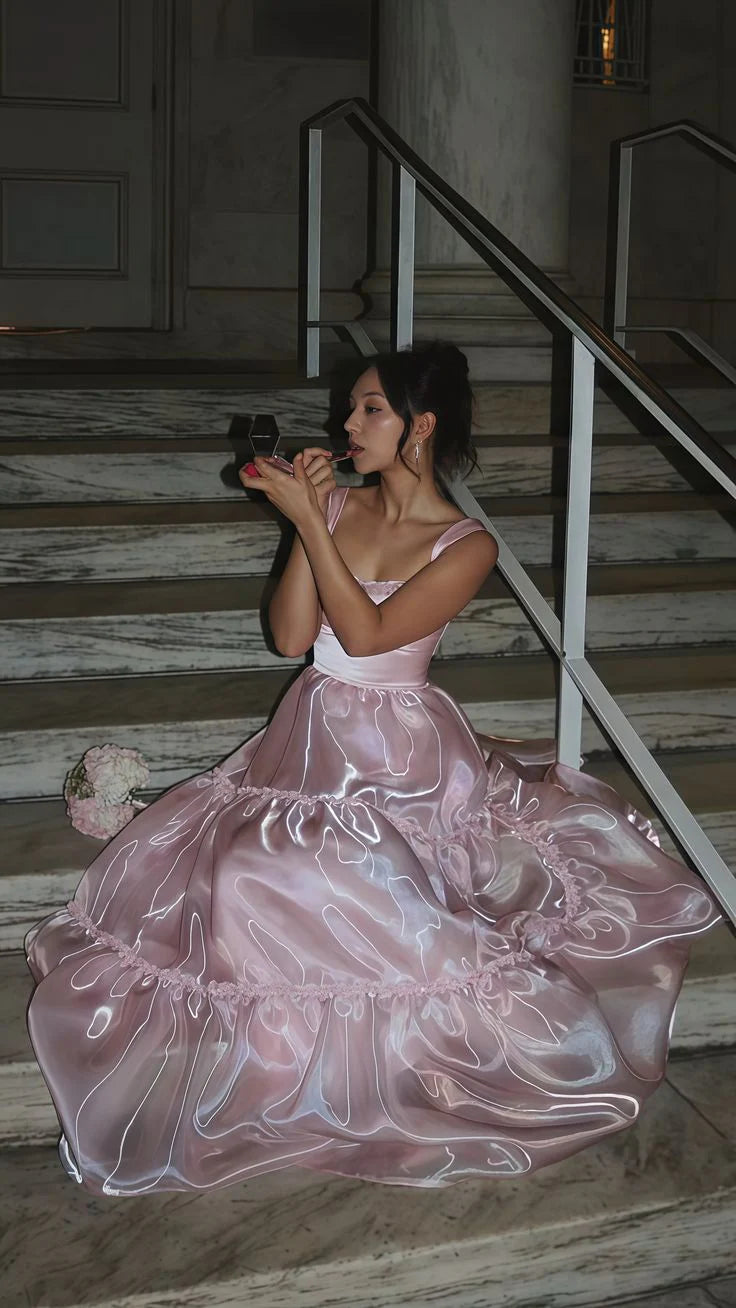 Xuewuba Dress Stylish A Line Spaghetti Straps Pink Long Prom Dress with Lace Evening Dress
