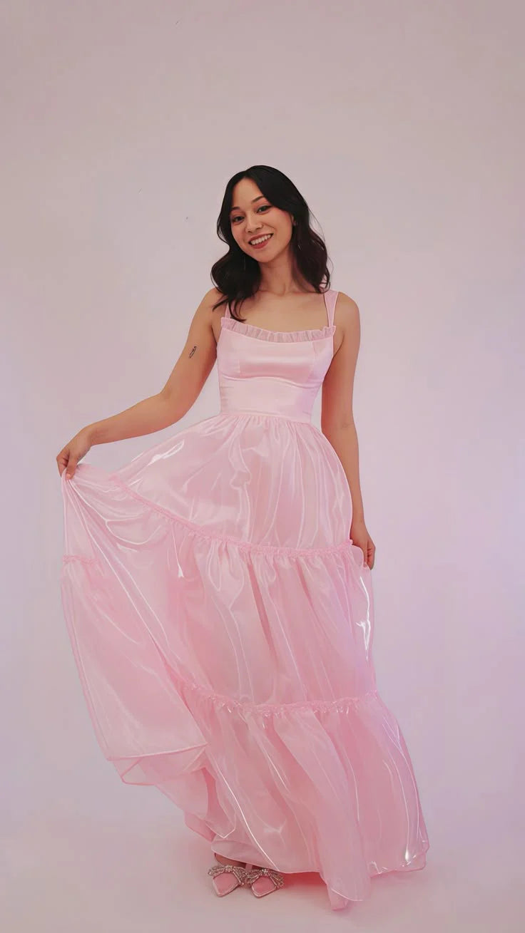 Xuewuba Dress Stylish A Line Spaghetti Straps Pink Long Prom Dress with Lace Evening Dress