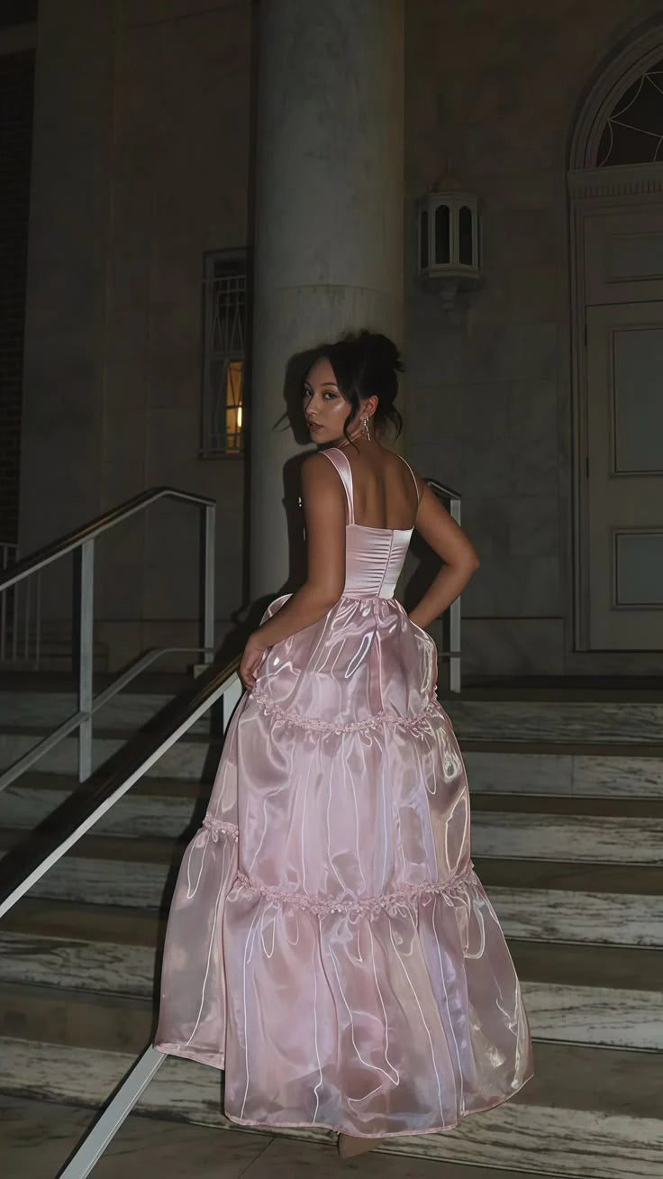Xuewuba Dress Stylish A Line Spaghetti Straps Pink Long Prom Dress with Lace Evening Dress