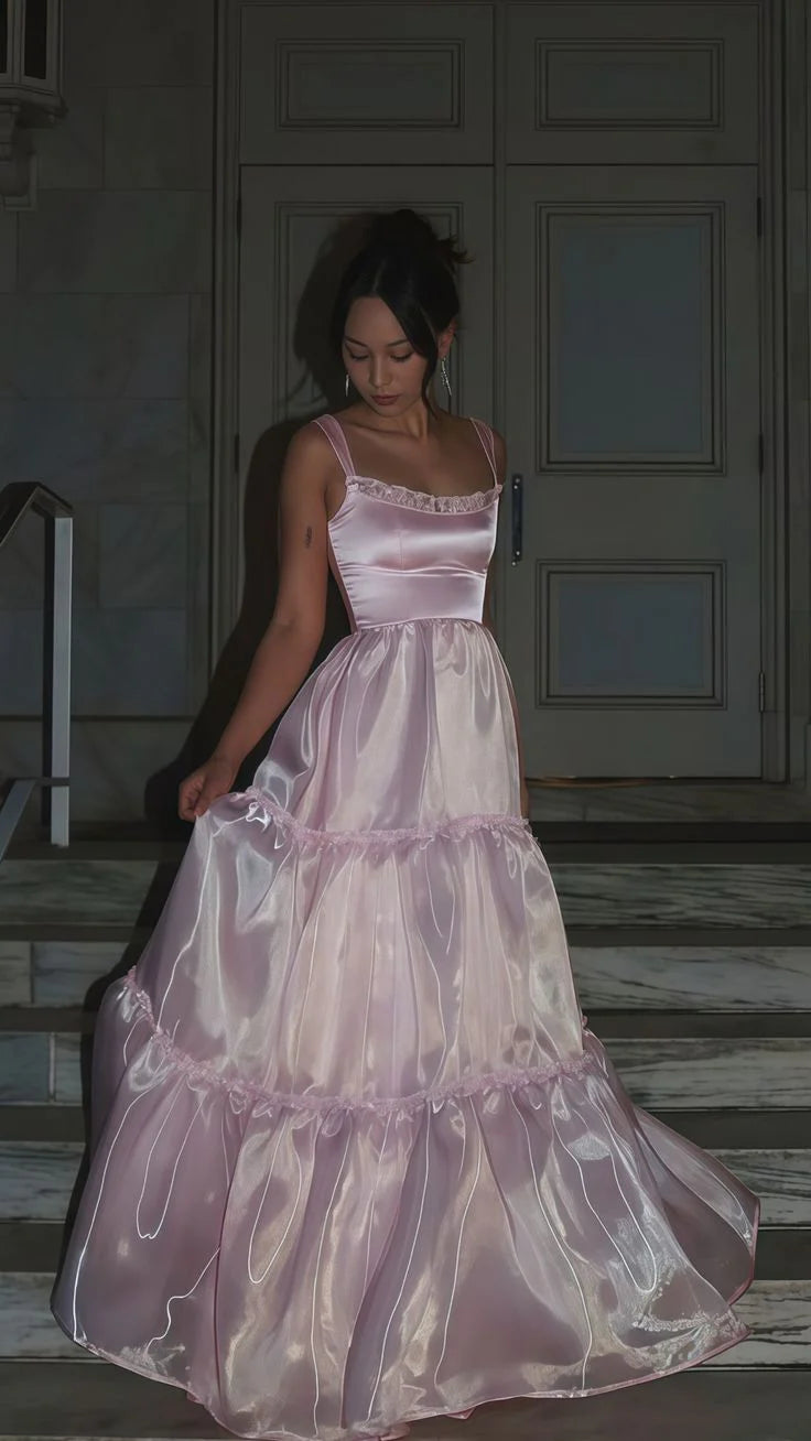 Xuewuba Dress Stylish A Line Spaghetti Straps Pink Long Prom Dress with Lace Evening Dress
