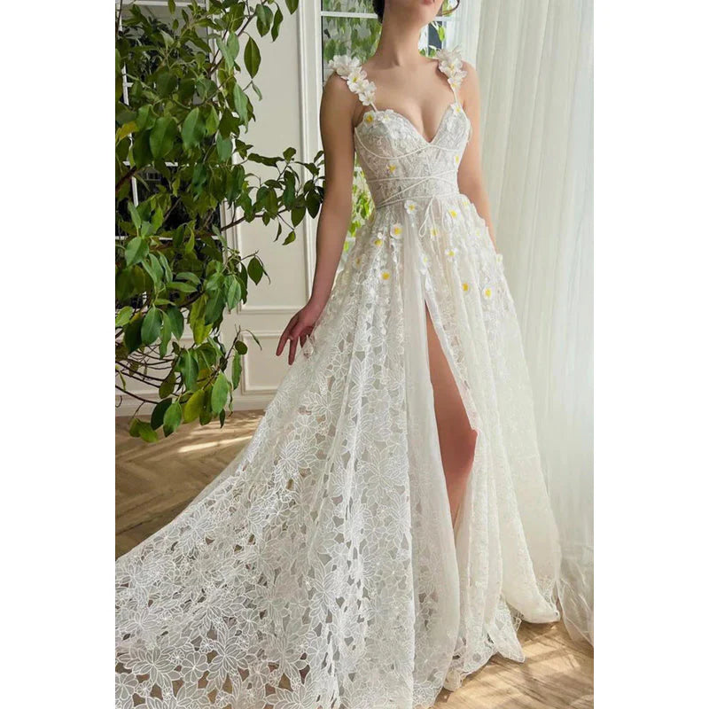 Xuewuba Dress Sweetheart Appliqued Sheer Lace A-Line Long Prom Evening Party Dress Sleeveless With Slit