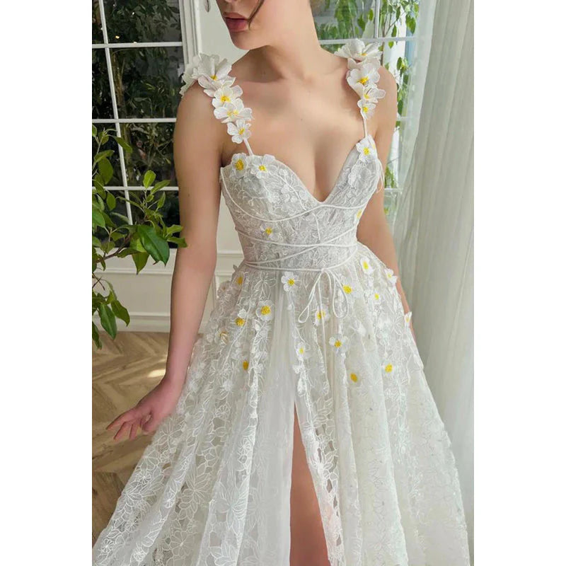 Xuewuba Dress Sweetheart Appliqued Sheer Lace A-Line Long Prom Evening Party Dress Sleeveless With Slit