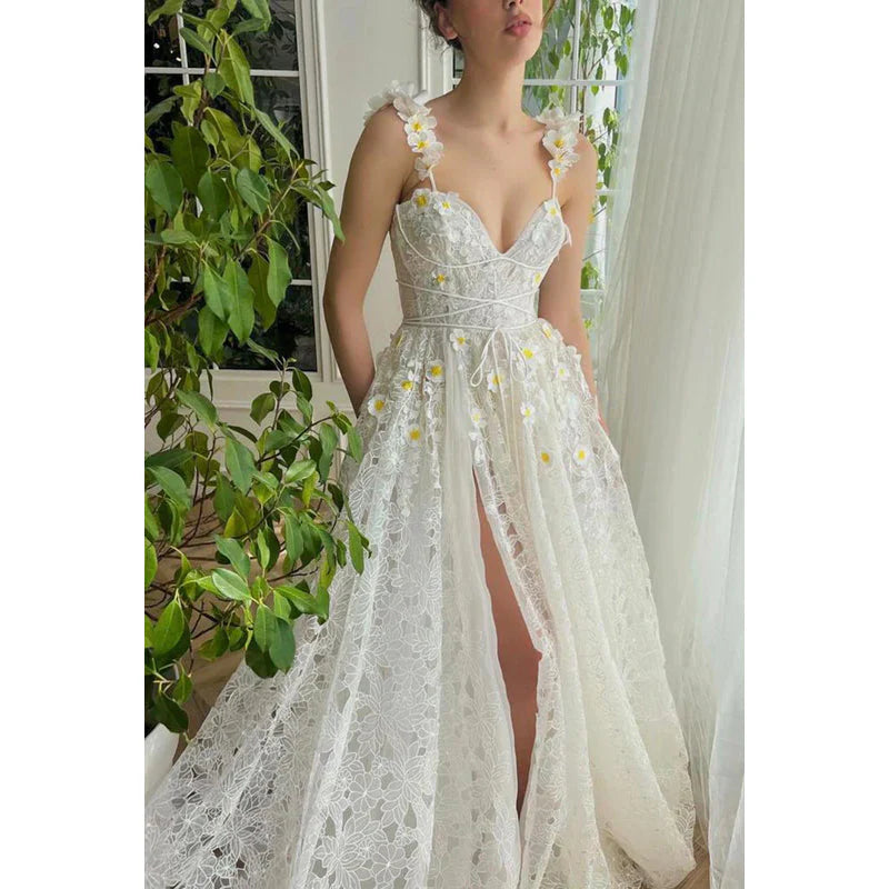 Xuewuba Dress Sweetheart Appliqued Sheer Lace A-Line Long Prom Evening Party Dress Sleeveless With Slit