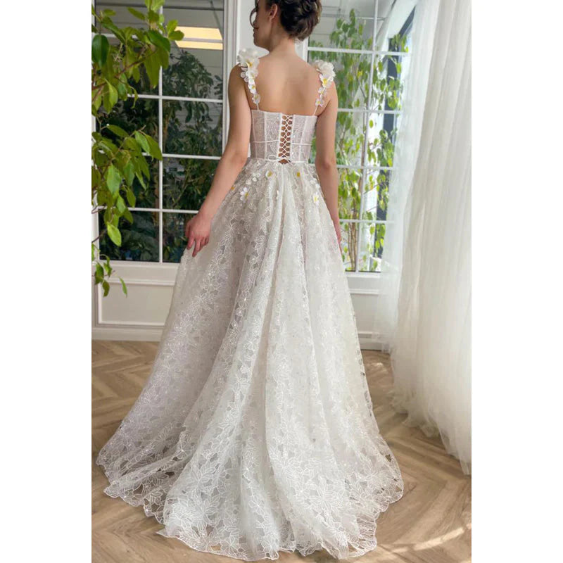 Xuewuba Dress Sweetheart Appliqued Sheer Lace A-Line Long Prom Evening Party Dress Sleeveless With Slit