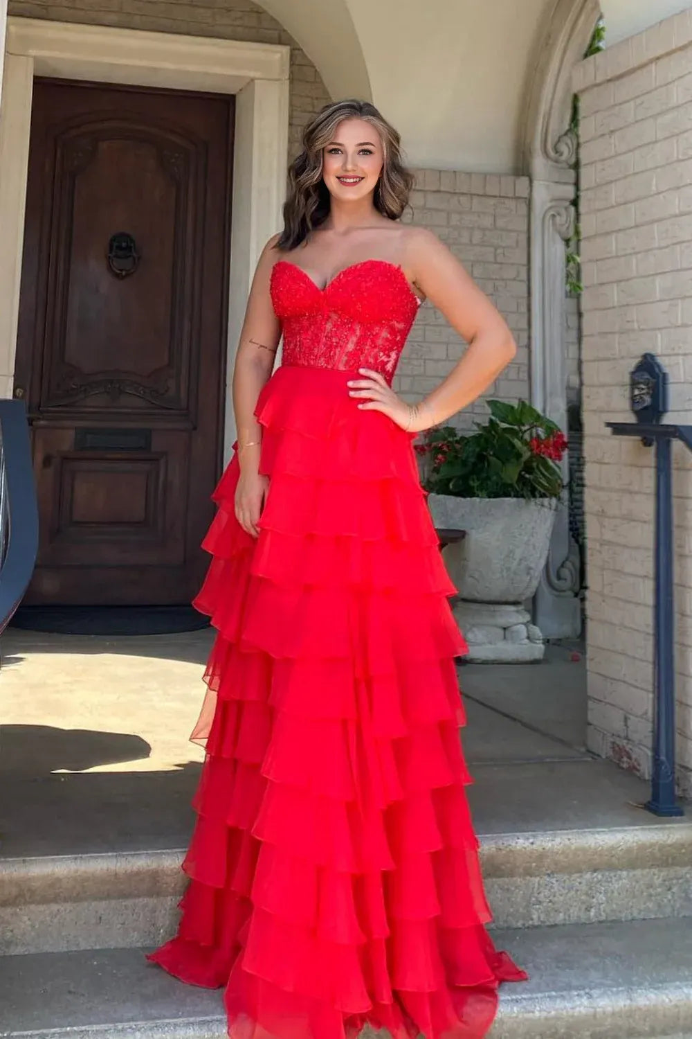 Xuewuba Dress Sweetheart Lace and Chiffon Ruffle Long Prom Dress