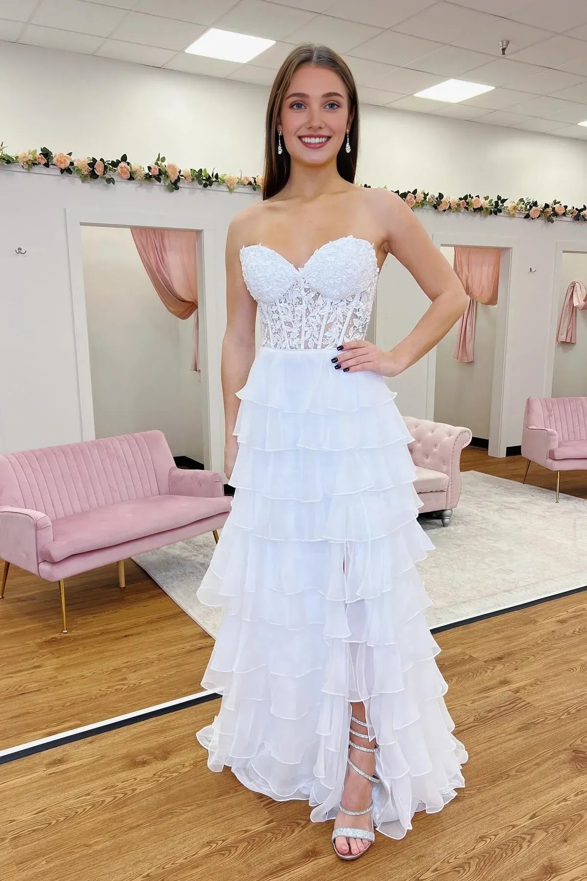 Xuewuba Dress Sweetheart Lace and Chiffon Ruffle Long Prom Dress