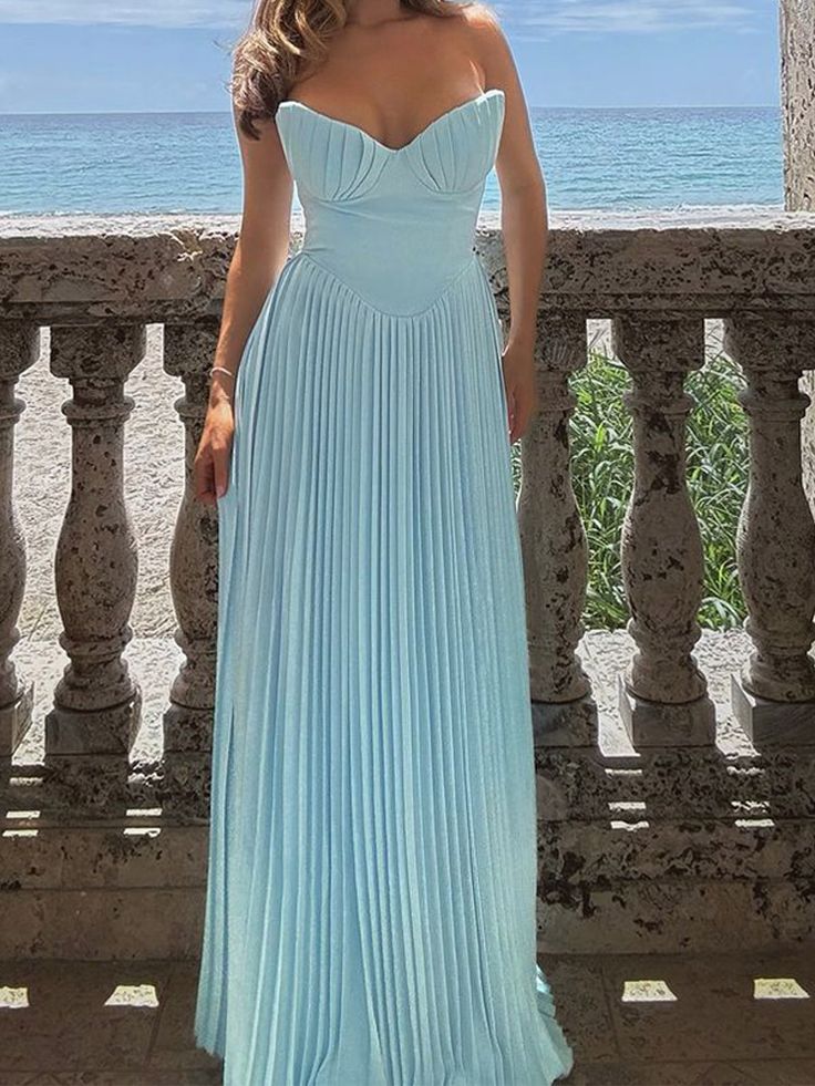 Xuewuba Dress Sweetheart Strapless Sleeveless Chiffon Blue A-line Long Evening Prom Dresses