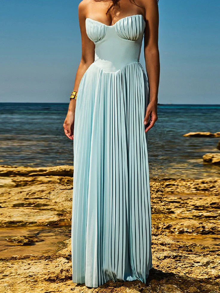 Xuewuba Dress Sweetheart Strapless Sleeveless Chiffon Blue A-line Long Evening Prom Dresses