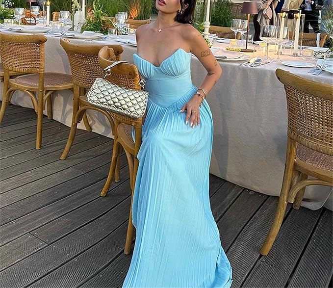 Xuewuba Dress Sweetheart Strapless Sleeveless Chiffon Blue A-line Long Evening Prom Dresses