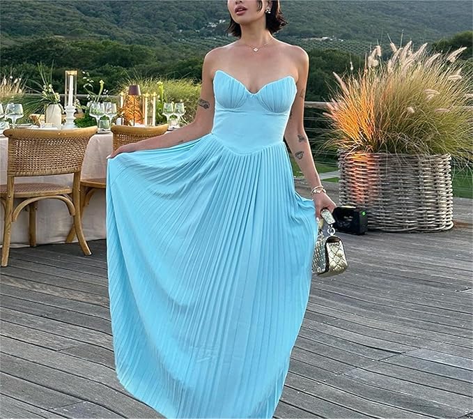 Xuewuba Dress Sweetheart Strapless Sleeveless Chiffon Blue A-line Long Evening Prom Dresses