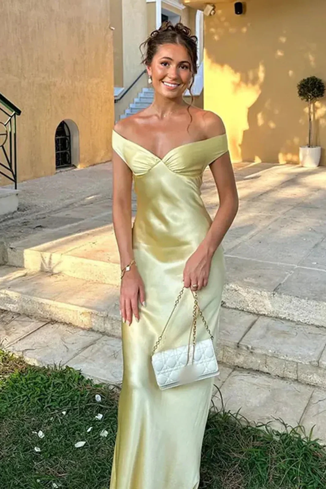 Xuewuba Dress Trendy Mermaid Off the Shoulder Yellow Long Party Dress with Open Back Evening Dress