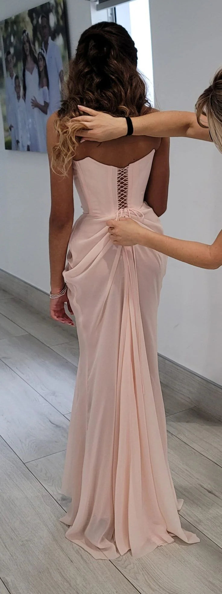 Xuewuba Dress Unique Strapless A Line Pink Prom Dress Lace Up Sleeveless Evening Dress