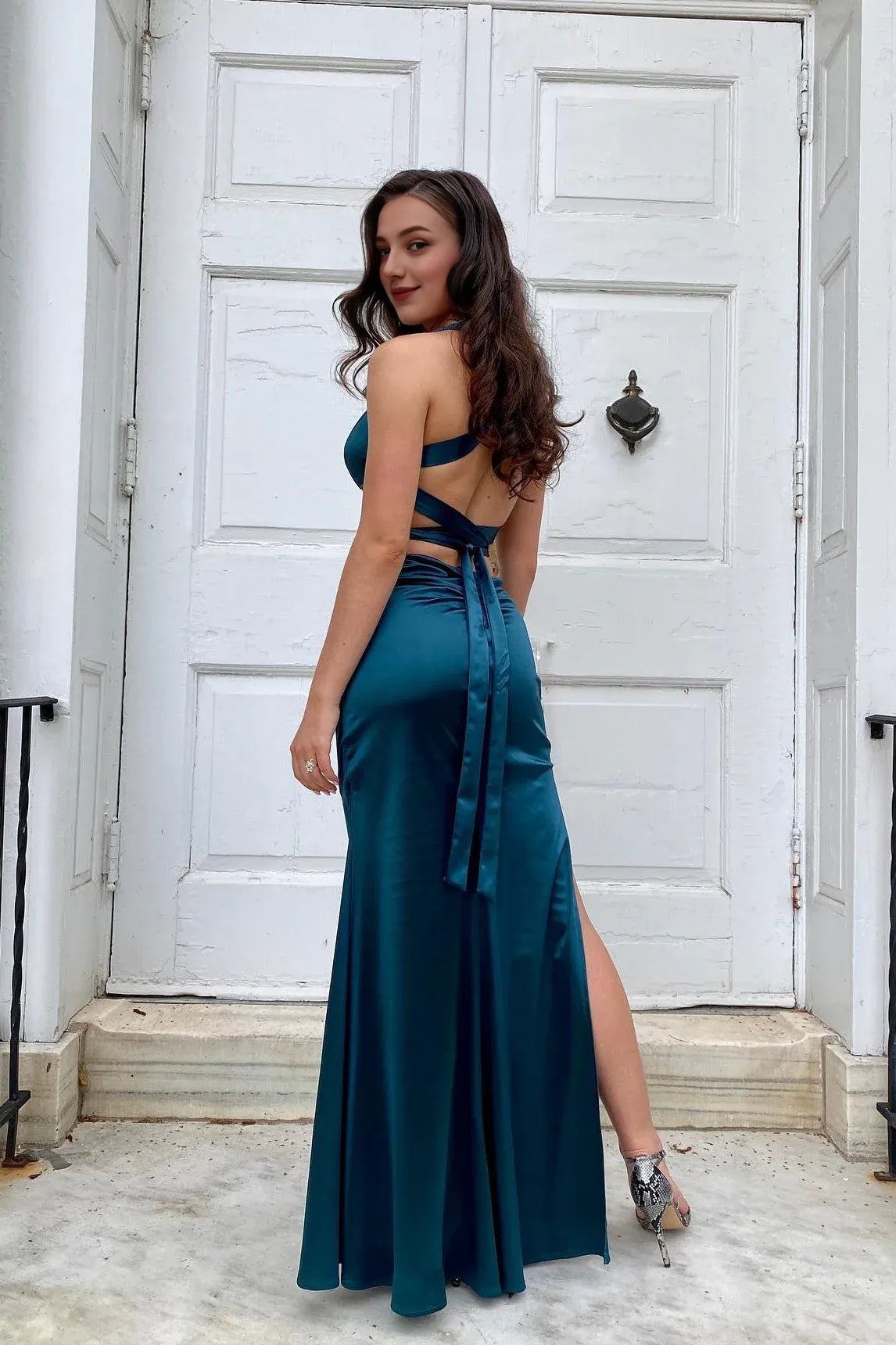 Xuewuba Dress V-neck Ink Blue Criss-cross Back Long Dress Prom Dress