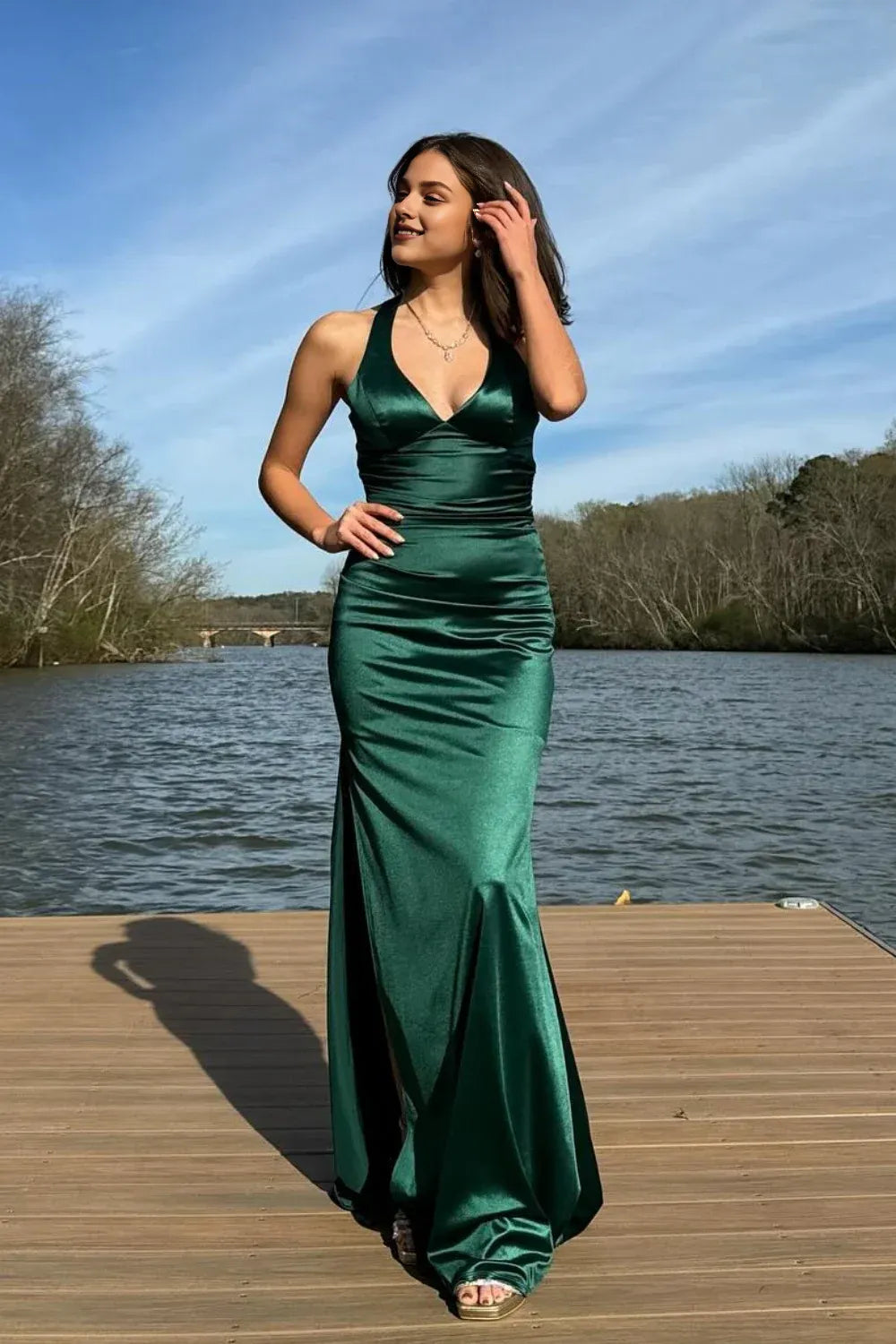 Xuewuba Dress V-neck Ink Blue Criss-cross Back Long Dress Prom Dress
