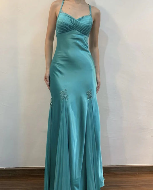 Xuewuba Dress Vintage Mermaid Halter Appliques Blue Satin Chiffon Open Back Party Dress Evening Dress Prom Dress