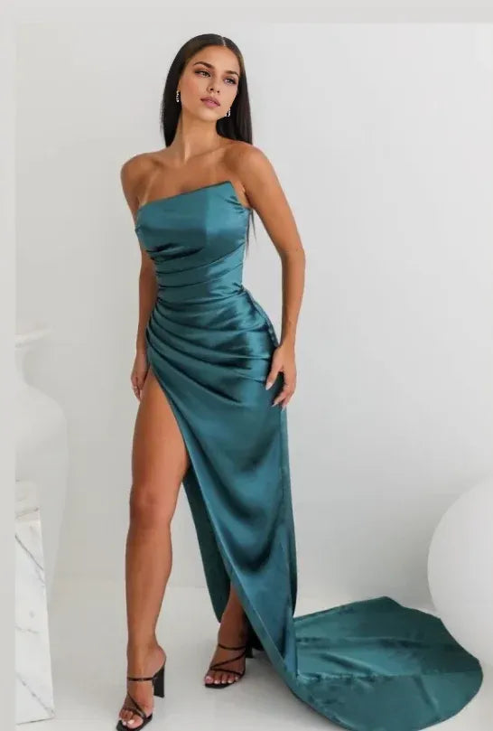 Xuewuba Dress Vintage Sheath Strapless Neckline Slit Satin Long Party Dress Prom Dresses
